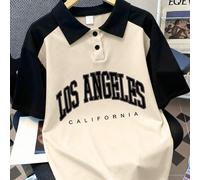 1 pièce Polo vintage avec imprimé lettres Los Angeles pour garçon adolescent, col contrasté beige et noir, manches raglan. Un style décontracté et cool à manches courtes, , confortable et agréable à l