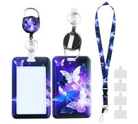 1 Pièce Porte-badge coulissant avec lanière et Coussinets de téléphone transparents,Porte-carte d'identité Vertical en forme de Imprimé Papillon Violet,Llanière amovible
