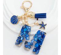 1 pièce Porte-clés en résine de style bohème au thème nautique avec 26 lettres - Pendentif en lettre bleu et or avec décoration d'étoile de mer/coquillage/gland, porte-clés à la mode et accessoire pou