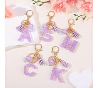 1 pièce Porte-clés lettre pailletée violette mignonne, porte-clés en résine avec pompon et charm étoile, accessoire de mode pour sac à main et e voiture b,A,d,F,E,c,G,H,I,J,K,L,M,N,O,P,Q,R,S,T,U,