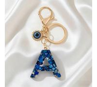 1 pièce Porte-clés résine 26 lettres style bohème marin - Pendentif initial bleu et doré avec breloques étoile de mer/coquillage/gland, anneau de clé à la mode et charm de sac/sac à dos/sac de plage,