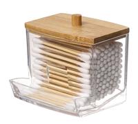 1 pièce Porte-cotons-tiges en acrylique avec couvercle en bambou, distributeur de cotons-tiges transparent et petit, support en plastique pour bâtonnets d'oreille, boîte de rangement pour cure-dents,
