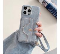 1 pièce Portefeuille en cuir porte-cartes antichoc, texture effet denim couleur unie, avec lanière et miroir de maquillage intégré. Étui de téléphone en cuir PU de style portefeuille multi-cartes comp