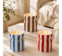 1 pièce Pot à bougie vintage Ins à rayures verticales courbes, contenant de bougie d'aromathérapie en forme de taille, disponible en 3 couleurs : bleu & blanc/rouge & blanc/marron & blanc, porte-bougi