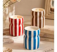 1 pièce Pot à bougie vintage Ins à rayures verticales resserrant la taille, contenant à bougie parfumée à rayures ondulées brillantes, bleu & blanc/rouge & blanc/marron & blanc 3 couleurs au choix, co