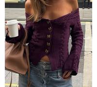 1 pièce Pull tricoté à manches longues pour femmes, avec épaules dénudées, épissure, câble tricoté, couleur unie, boutons devant, boucle métallique, élégant pour le thé, retour à l'école, port quotidi