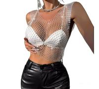1 Pièce Rhinestone Mesh Sheer Top, Haut en Résille à Paillettes Sexy avec Strass Scintillant, Festive Fancy Dress Dance Party Rave Costume for Women and Girls, Sparkling Mesh Hollow Out Fishnet Vest
