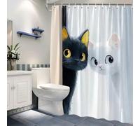 1 pièce Rideau de douche avec motif de chat de dessin animé, chats noir et blanc sur fond doux, sans crochets à percer, en polyester durable, convient pour la décoration de salle de bain, le rideau de