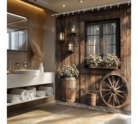 1 pièce Rideau de douche en bois rustique avec lanternes vintage, roue de chariot et design de boîte à fleurs. Lavable en machine, en tissu polyester toutes saisons, non doublé, comprend 12 crochets. 