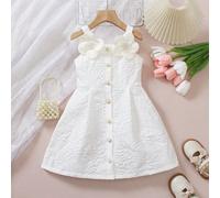 1 pièce Robe blanche sans manches en jacquard pour jeune fille, avec une rangée de boutons dorés sur le devant, deux décorations de roses blanches sur les épaules, silhouette ajustée en forme de A et 