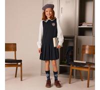 1 pièce Robe décontracté élégante en patchwork bleu foncé et blanc avec col Peter Pan, pour fille préadolescente. Convient pour les sorties, les réunions, la rentrée, l'hiver et l'automne 8Y,9Y,10Y,11