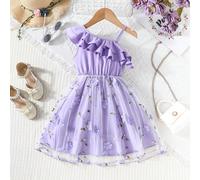 1 pièce Robe d'été pour jeunes filles, couleur unie, avec volants, broderie et bretelles en maille 6Y,7Y,4Y,5YAnimal,Floral,Plantes,PapillonPolyester
