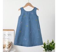 1 pièce Robe en jean sans manches avec décoration de broderie papillon pour filles, mode, élégante, adorable, col en V, forme trapèze, confortable, peut être portée seule ou superposée avec un t-shirt