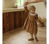 1 pièce Robe en velours côtelé pour fillette, robe de princesse pour jeune fille avec col en dentelle vintage, broderie de papillon, robe trapèze à manches longues pour jeune fille, robes douces et co