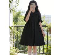 1 pièce Robe Lolita Fée, Robe d'été à col Peter Pan avec nœud, manches courtes bouffantes et ourlet à volants pour femmes, convient pour le port quotidien, noir automne L,M,S,XL,XSUnicoloreTissu en tu