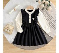 1 pièce Robe longue à manches longues ajustée avec bordure en tricot de câble, noire et blanche. Robe pull bébé fille col rond avec nœud papillon et volants 6Y,7Y,8Y,4Y,5YUnicoloreLaine peignée
