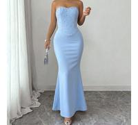 1 pièce Robe longue sirène élégante d'été pour femme, robe bustier ornée de perles et de strass bleu clair, convient pour le port quotidien, les mariages, les événements formels, les trajets, les fête