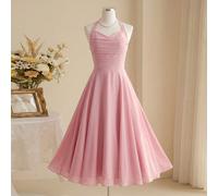 1 pièce Robe maxi élégante en mousseline avec col licou, sans manches, taille cintrée, convient aux adolescentes, couleur rose, idéale pour le port quotidien, les fêtes, les mariages, les demoiselles