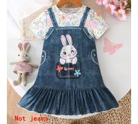 1 pièce Robe mi-longue en tricot doux avec imprimé lapin, papillon, œuf, fleur "Sois Heureux" pour filles, style décontracté, convient pour le port extérieur, printemps/été 6Y,7Y,8Y,4Y,5YNoëlPolyester