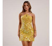 1 pièce Robe mini sexy à taille basse drapée avec sequins scintillants jaunes, pour le port en club, en vacances sur une île, en lune de miel, pour un party de piscine, une tenue de station balnéaire