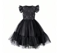 1 pièce Robe noire à manches courtes pour filles en tissu tricoté avec feuille d'argent, ourlet de jupe en maille, robe décontractée pour tous les jours ou pour une fête d'Halloween 8Y,9Y,10Y,11Y,12YU