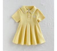 1 pièce Robe pour bébé fille avec col Peter Pan, boutons en perles, ouverture frontale, manches courtes, couleur jaune clair unie, tissu gaufré à carreaux doux, broderie camel, robe polo mignonne, déc