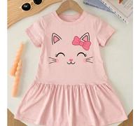 1 pièce Robe pour filles avec imprimé mignon de chat rose, robe t-shirt à manches courtes avec nœud, style mignon pour jeune fille, été 6Y,7Y,4Y,5YCartoonPolyester
