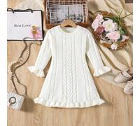 1 pièce Robe pull pour filles, style doux, tricot torsadé classique, col rond, volants aux poignets et à l'ourlet, taille cintrée, robe en tricot blanche élégante, convient pour les sorties, la maison