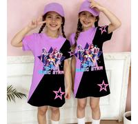 1 pièce Robe t-shirt à manches courtes pour fille préado, style mode décontracté, créatif et minimaliste, personnage de groupe virtuel de style K-POP, motif d'étoiles multicolores et de cœur violet, s