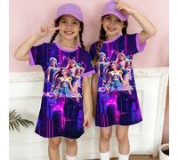 1 pièce Robe t-shirt à manches courtes pour fille préado, style mode décontracté, créatif et minimaliste, personnage de groupe virtuel de style K-POP, motif d'étoiles colorées et de cœur violet, sloga