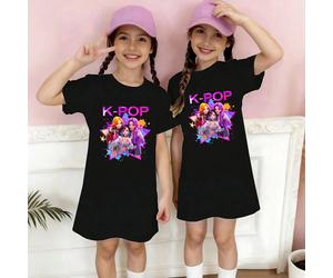 1 pièce Robe t-shirt à manches courtes pour filles préadolescentes, style mode décontracté, personnalisée, chic minimaliste, personnage de groupe virtuel de style K-POP, imprimé graphique de slogan de