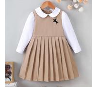 1 pièce Robe tressée pour filles, chemise à col chemisier à manches longues kaki pour filles avec patchwork, volants à l'ourlet, broderie à l'avant, fermeture à boutons dans le dos, style frais et mig