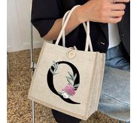 1 pièce Sac à main avec fleurs en lin et alphabet, sac à main simple de grande capacité, sac à main de rangement casual portable, sac de courses multifonction, sac cadeau personnalisé, convient pour l