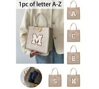 1 pièce Sac à main avec motif de lettres brodées sur serviette, sac à main en lin imprimé de fleurs, petit sac à main décoratif en lin avec bouton à motif floral, grand sac à main simple et spacieux, 