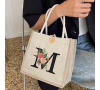 1 pièce Sac à main en lin avec fleur et alphabet, sac à main simple de grande capacité, sac à main de rangement portable et décontracté, sac de courses multifonctionnel, sac cadeau personnalisé, convi