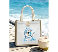 1 pièce Sac à main en lin avec lettres de dauphin mignonnes A-Z, sac à main décoratif en lin avec boutons floraux, sac de plage portable, rangement pour équipement de natation, sac à main orné de bout