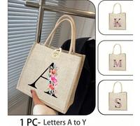 1 pièce Sac à main en lin floral avec alphabet, sac à main simple grande capacité, sac de rangement portable et décontracté, sac de course multifonction, sac cadeau personnalisé, convient pour les mar
