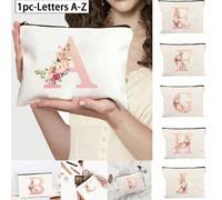 1 pièce Sac de maquillage en canevas floral personnalisé avec 26 lettres, grande capacité, pochette de rangement à fermeture éclair, portefeuille multifonction, sac pour téléphone, trousse à crayons, 