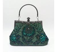 1 pièce Sac de soirée vintage élégant et glamour des années 1920 avec broderie florale rose vert émeraude, perles, sequins et strass sur la poignée. Convient pour les tenues de soirée vertes pour le N
