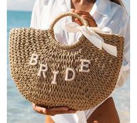 1 pièce Sac en paille personnalisé pour femmes avec lettre en strass, convient pour sac de plage de vacances, cadeau de baby shower, sac de lune de miel pour les dames. Portable, multifonctionnel, pol