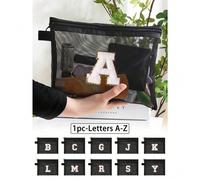1 pièce Sac filet noir, grande capacité avec initiales de nom blanc, serviette avec lettres brodées de A à Z, sac de rangement de cosmétiques en maille transparente, sac de voyage multifonction portab
