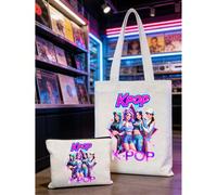 1 pièce Sac fourre-tout en canevas K-POP, imprimé avec "K-POP" et des graphiques de fille idole cool, sac à main d'épaule de grande capacité, sac à main à illustration peinte à la main, cadeau de prod
