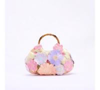 1 pièce Sac fourre-tout rétro avec poignée en bambou, blocs de couleurs, broderie, maille, décor floral 3D, accent volantésuitable pour les vacances (motif floral envoyé au hasard) Tout ImpriméPolyuré