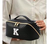 1 pièce Sac organisateur de maquillage en PU, motif lettre, imperméable et portable, strass AB, fermeture éclair avec lettre perle, sac à maquillage de mariée, sac cosmétique, sac de toilette, sac de 