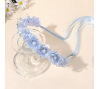 1 pièce Serre-tête avec guirlande de fleurs bleues pour filles, bandeau élégant avec perles fausses et long ruban, coiffe de mariage et de fiançailles, accessoire capillaire pour enfants UnicolorePoly