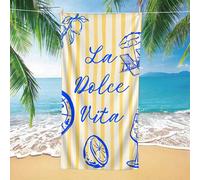 1 pièce Serviette de plage La Dolce Vita, serviette de piscine été italien 2026, design rayé jaune citron et pizza, cadeau de vacances pour elle 70*150,80*160,90*180,1 pièce de 120 cm x 180 cmPolyeste