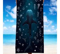 1 pièce Serviette de plage noire extra large, imprimée avec motif floral bleu, étoile et requin-baleine, plusieurs tailles disponibles, séchage rapide, douce et portable, résistante au sable, mode, ma