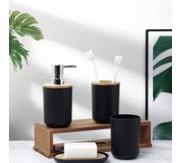 1 pièce Set de salle de bain avec couvercles en bambou - Bouteille de lotion réutilisable, gobelet de rinçage, porte-brosse à dents et porte-savon, décoration de spa et de vanité, accessoires de salle