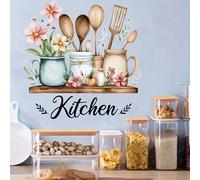 1 pièce Sticker mural de cuisine - Bouteilles d'épices et motif floral, décalcomanie en vinyle jetable et auto-adhésive, convient pour la décoration de la cuisine, du salon et de la salle à manger - A