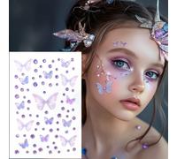 1 pièce Stickers à strass en forme de papillons violets avec des pierres précieuses en relief, 1 feuille de stickers à strass style Y2K pour le visage et les yeux, idéal pour les performances de danse